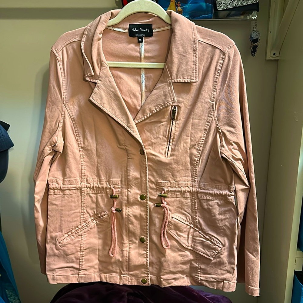 Dusty pink 1X Eden Society rayon blend jacket, made in Vietnam.